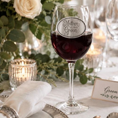 Wine glass with handmade pewter Mother Of The Groom badge filled with red wine