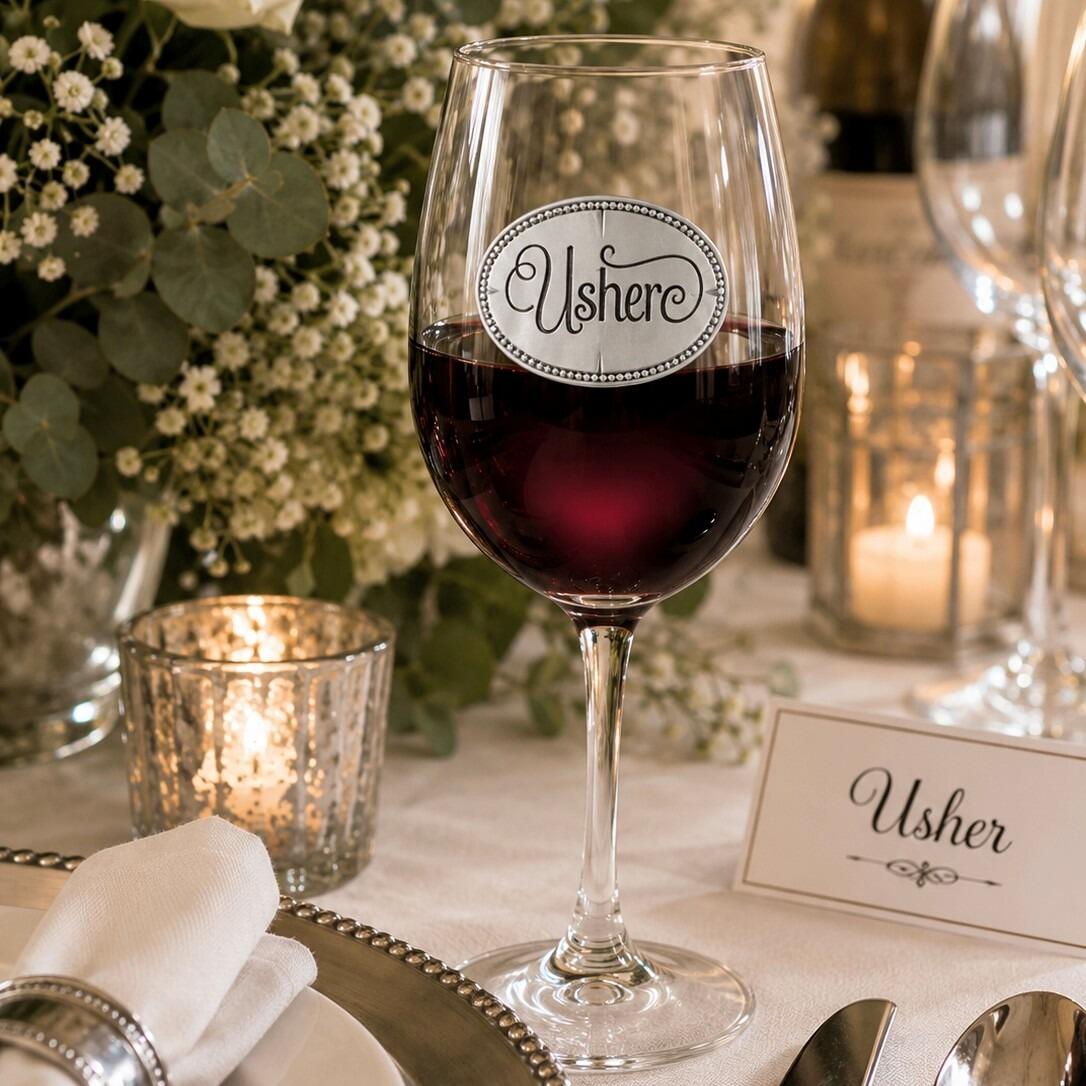 Wine glass with handmade pewter usher badge filled with red wine