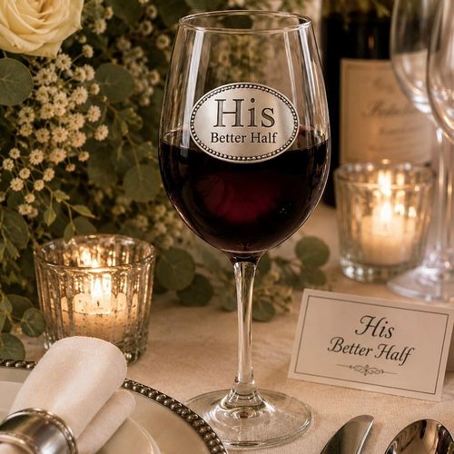 Wine glass with handmade pewter His Better Half badge filled with red wine