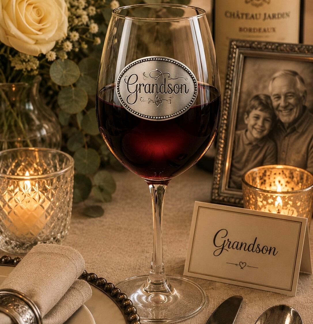 Wine glass with handcrafted pewter Grandson badge filled with red wine