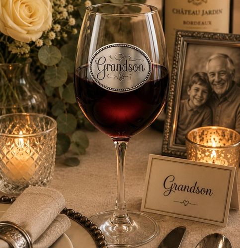 Wine glass with handcrafted pewter Grandson badge filled with red wine