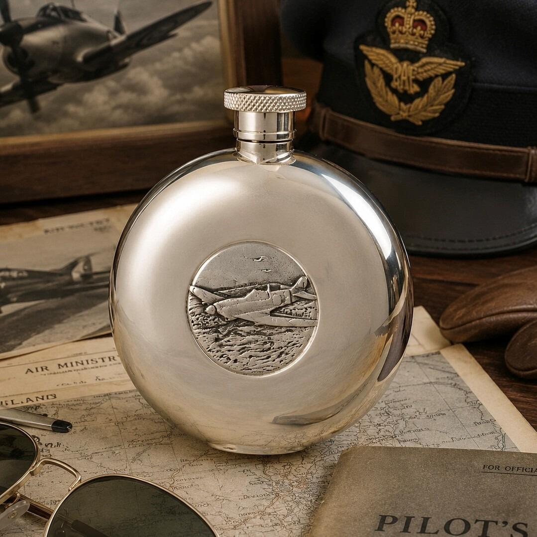 Polished round pewter hip flask featuring a central medallion embossed with a Hawker Hurricane fighter aircraft, set on vintage navigation maps alongside an RAF officer cap and aviator sunglasses