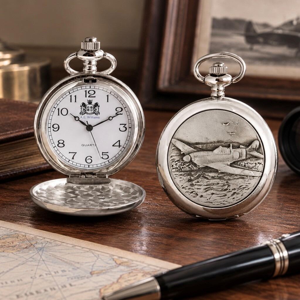 Pewter fronted quartz pocket watches, one showing a open white dial with Arabic numerals and the other displaying a closed casing embossed with a Hawker Hurricane aircraft, set on a wooden desk beside a vintage map and pen.`