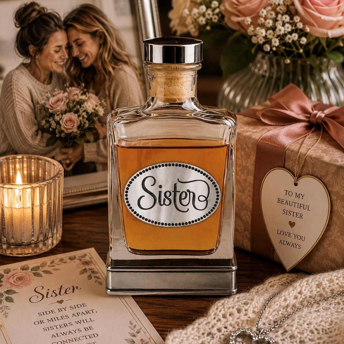 A glass flask with a pewter base and a handcrafted pewter “Sister” emblem on the front