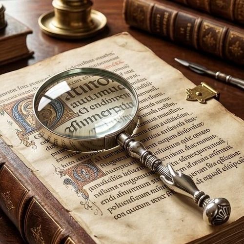 Pewter magnifying glass with ornate claw handle on vintage illuminated manuscript with Latin text, antique desk setting with books