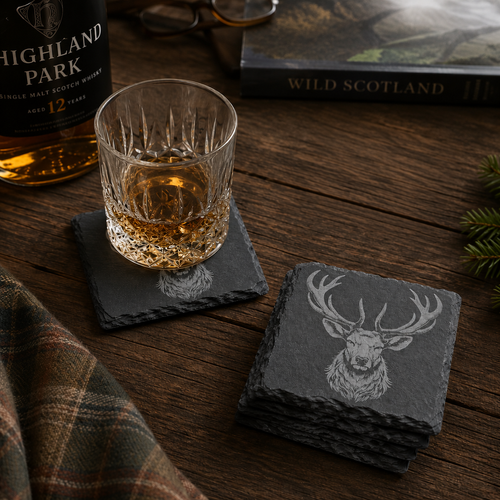 Set of engraved stag slate coasters on a rustic wooden table with a whisky tumbler and Highland-inspired décor, featuring laser-etched Scottish red deer design