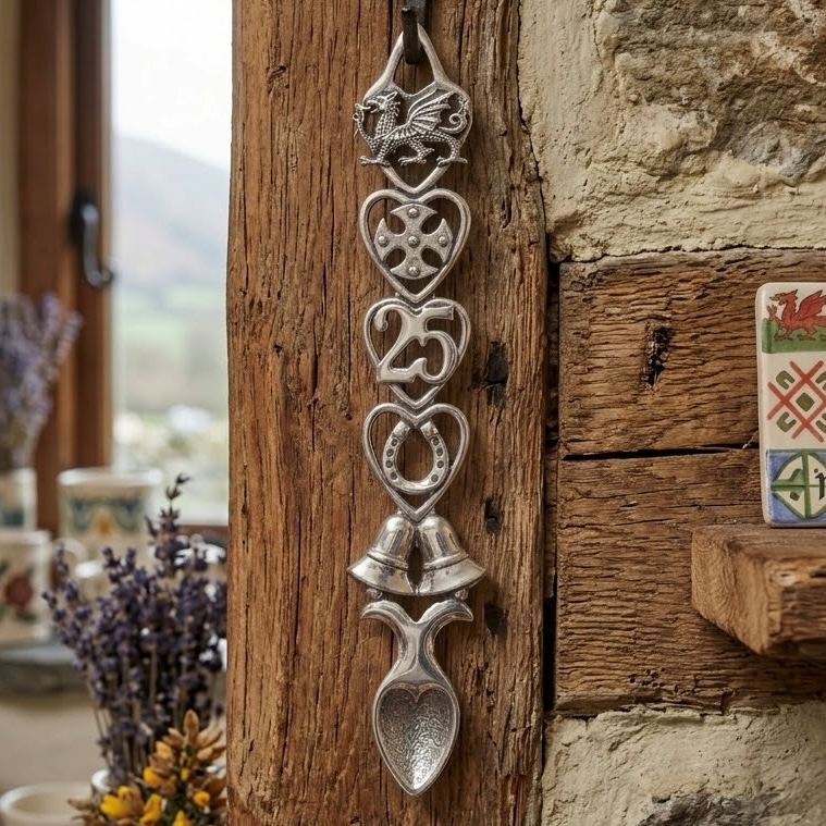 Handcrafted pewter 25th anniversary Welsh lovespoon hanging on a rustic wooden beam, featuring detailed symbols including a Welsh dragon, Celtic cross, the number 25, a horseshoe, wedding bells, and a heart-shaped spoon bowl