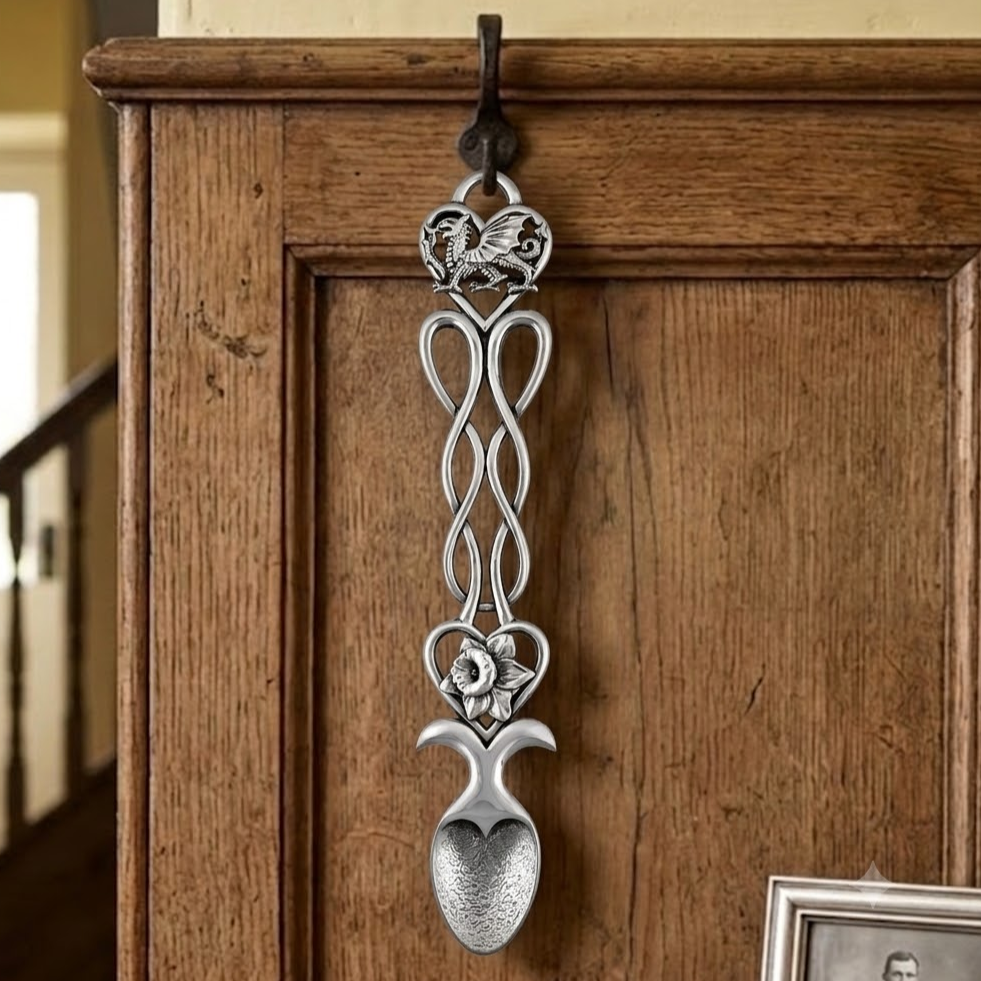 Handcrafted pewter Welsh lovespoon hanging on a wrought iron hook against a wooden panelled wall, featuring a top heart enclosing a Welsh dragon, flowing open Celtic knotwork, a lower heart with a detailed daffodil bloom, and a textured spoon bowl.