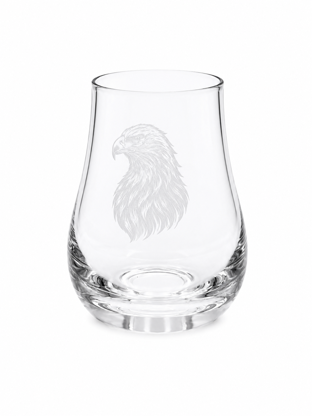 Clear tulip-shaped whisky tasting glass with detailed engraved eagle head design