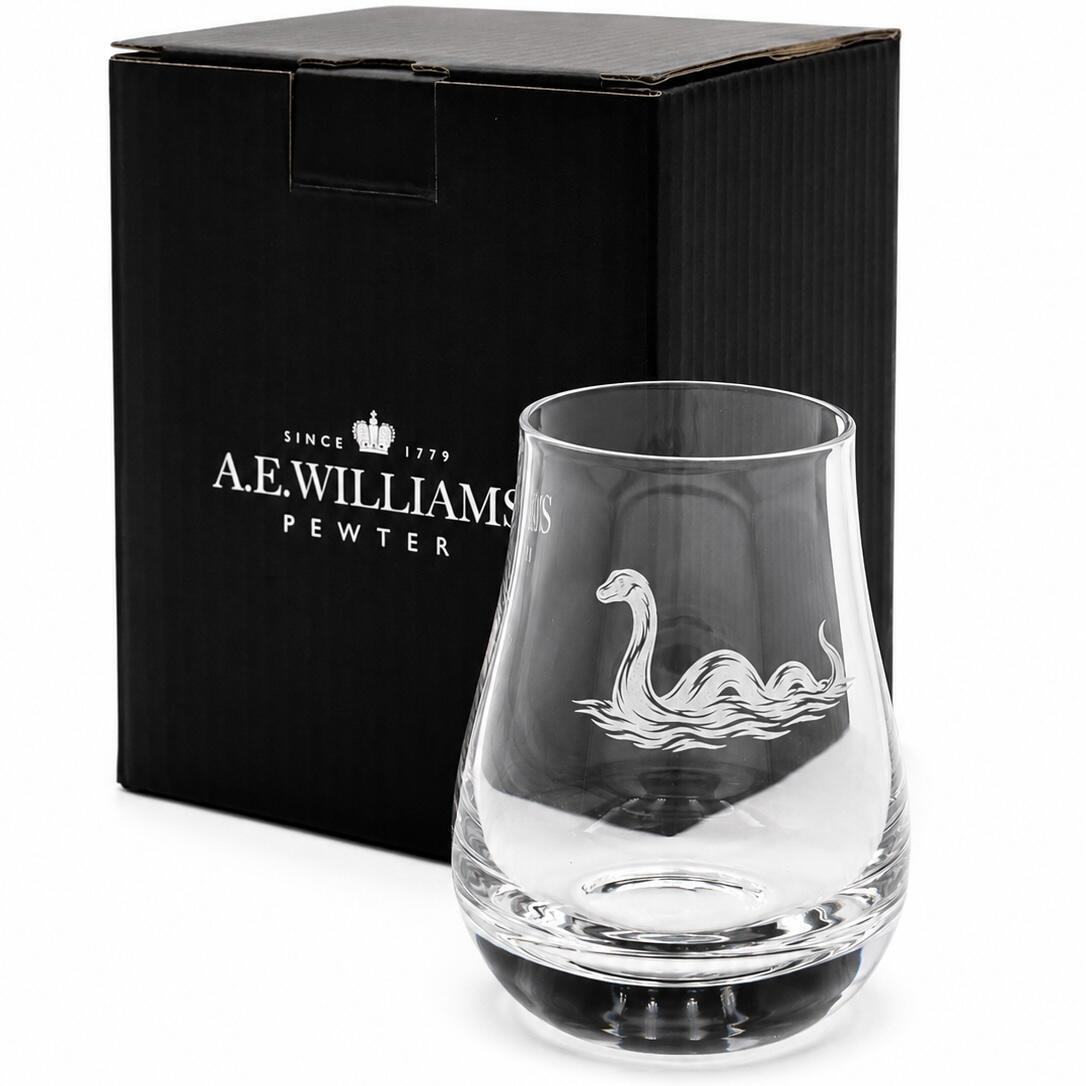 Loch Ness Monster engraved whisky tasting glass presented beside an A E Williams gift box