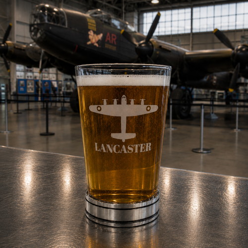 Lancaster Bomber engraved pint beer glass with polished pewter base at an aviation museum
