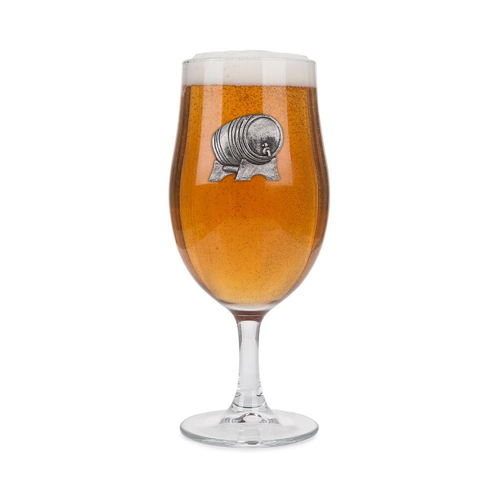 A Stemmed Pint Beer Glass with a Pewter Beer Barrel badge on the front, filled with Beer