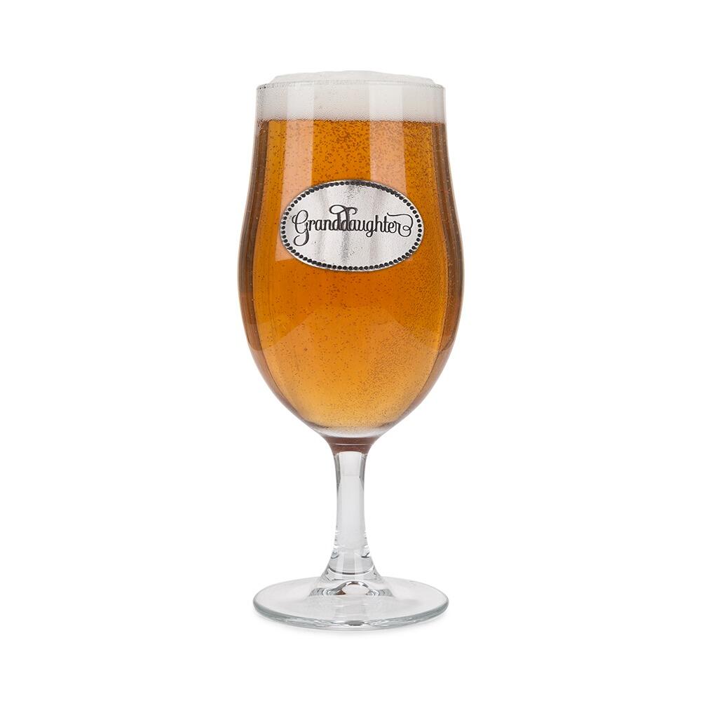 A Stemmed Pint Beer Glass with a Pewter Granddaughter badge on the front, filled with Beer