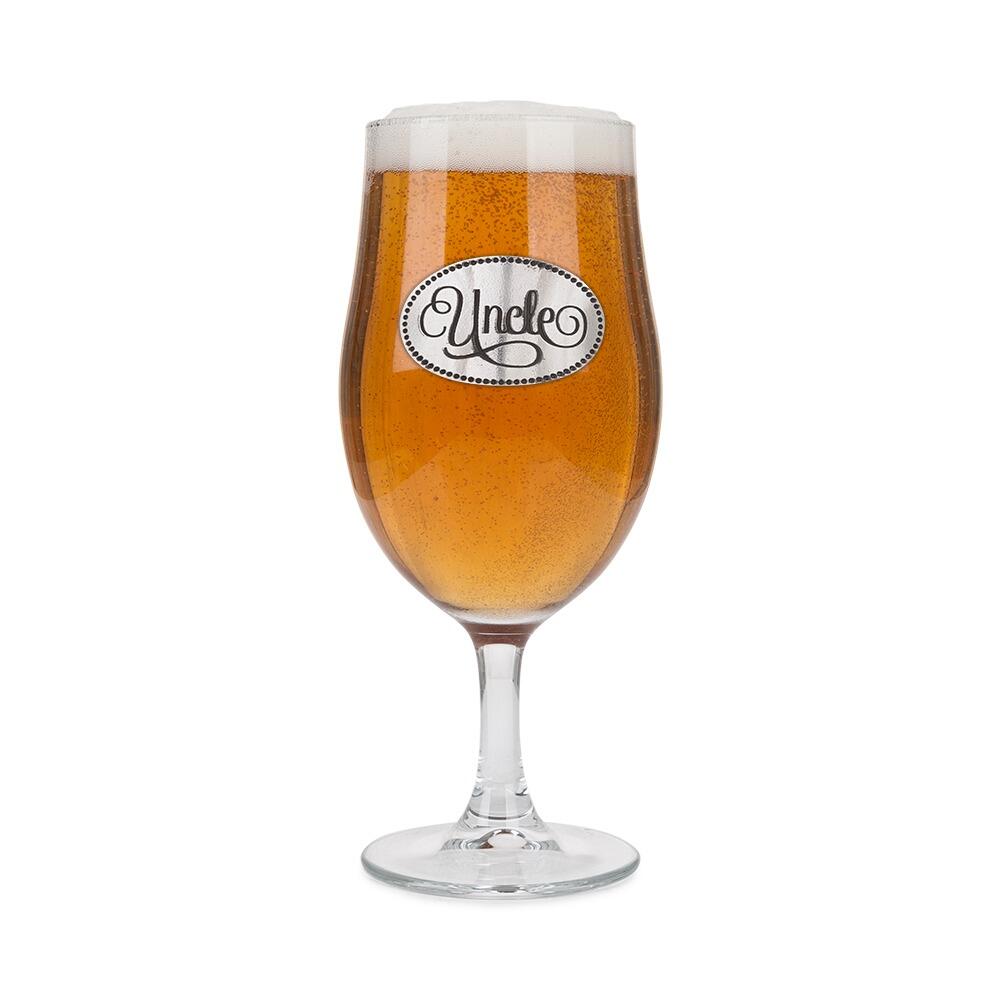 A Stemmed Pint Beer Glass with a Pewter Uncle badge on the front, filled with Beer