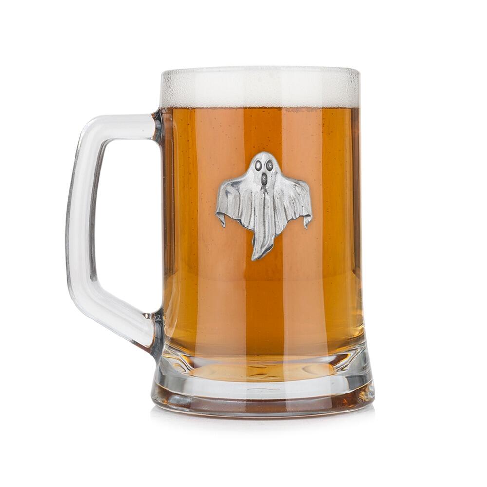 A Beer Tankard with a Pewter Ghost badge on the front, filled with Amber Beer