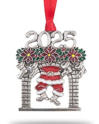 Limited edition hand-enamelled pewter Christmas bauble showing Santa descending chimney with 2025 garland hanging on tree