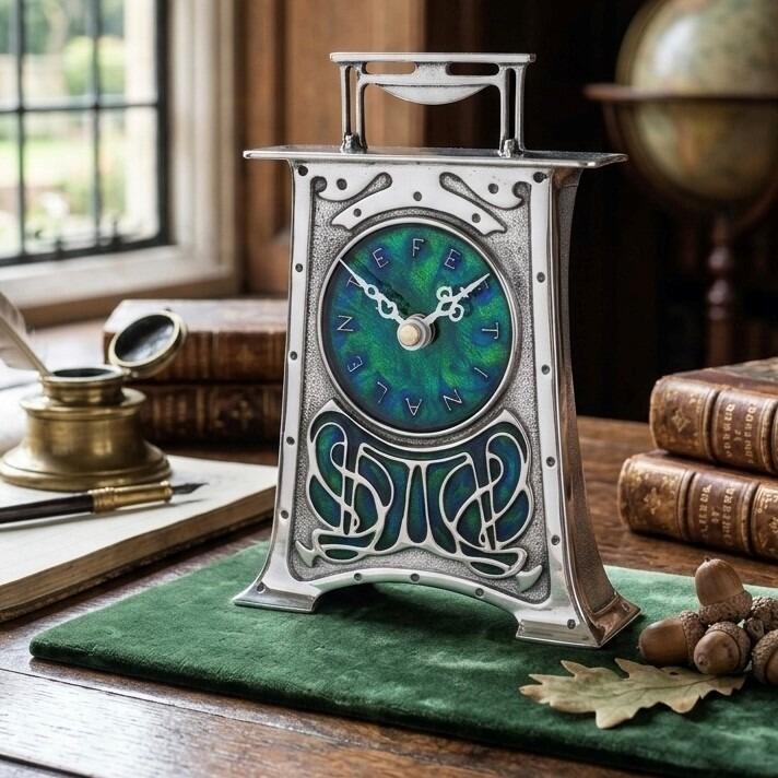 An Arts and Crafts style pewter carriage clock designed by Archibald Knox, featuring a rectangular frame with curved sides, a flat top, and a distinctive overhead metal handle. The circular clock face has a vibrant green and blue enamelled background with stylized lettering around the dial, positioned above an intricate Art Nouveau openwork panel inlaid with matching green and blue enamel.
