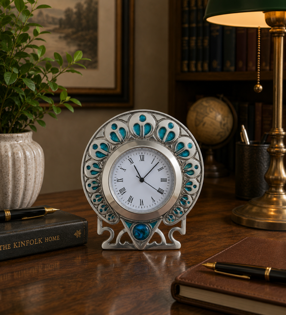 An Arts and Crafts style pewter desk clock featuring a circular white face with black Roman numerals. The clock is enclosed in a round, silver-toned frame designed to resemble a peacock's tail, decorated with a repeating pattern of bright turquoise-blue enamelled inserts. The clock rests on stylized openwork feet