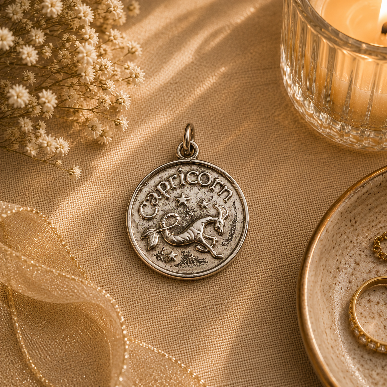 A Pewter Capricorn charm on a desk