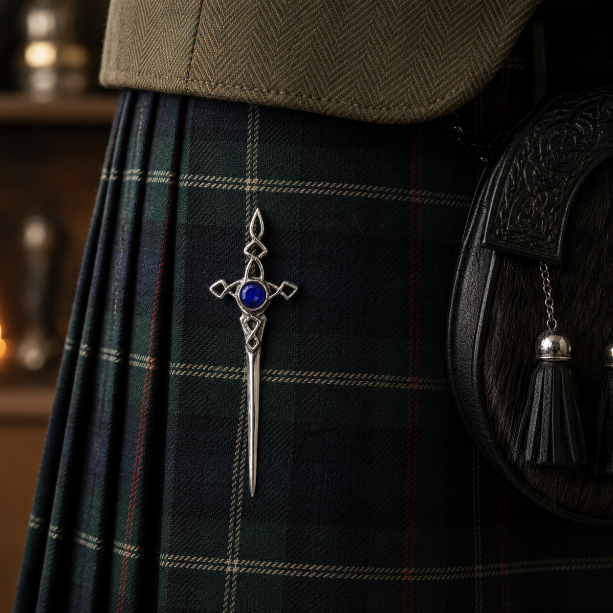 A Celtic Knot Pewter kilt pin attached to a Kilt, a blue stone is inside the top of the kilt pin