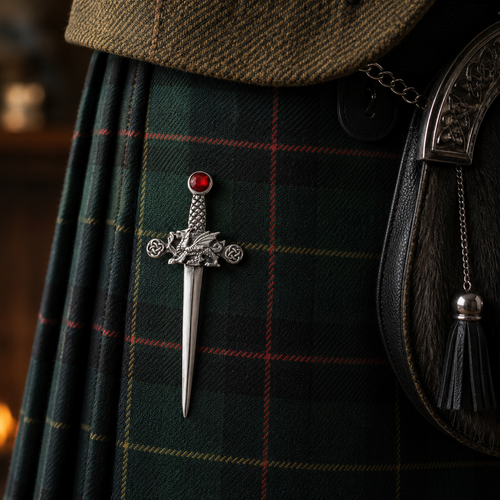 A Pewter Welsh Dragon Kilt pin attached to a Kilt. The kilt pin has a red stone at the top