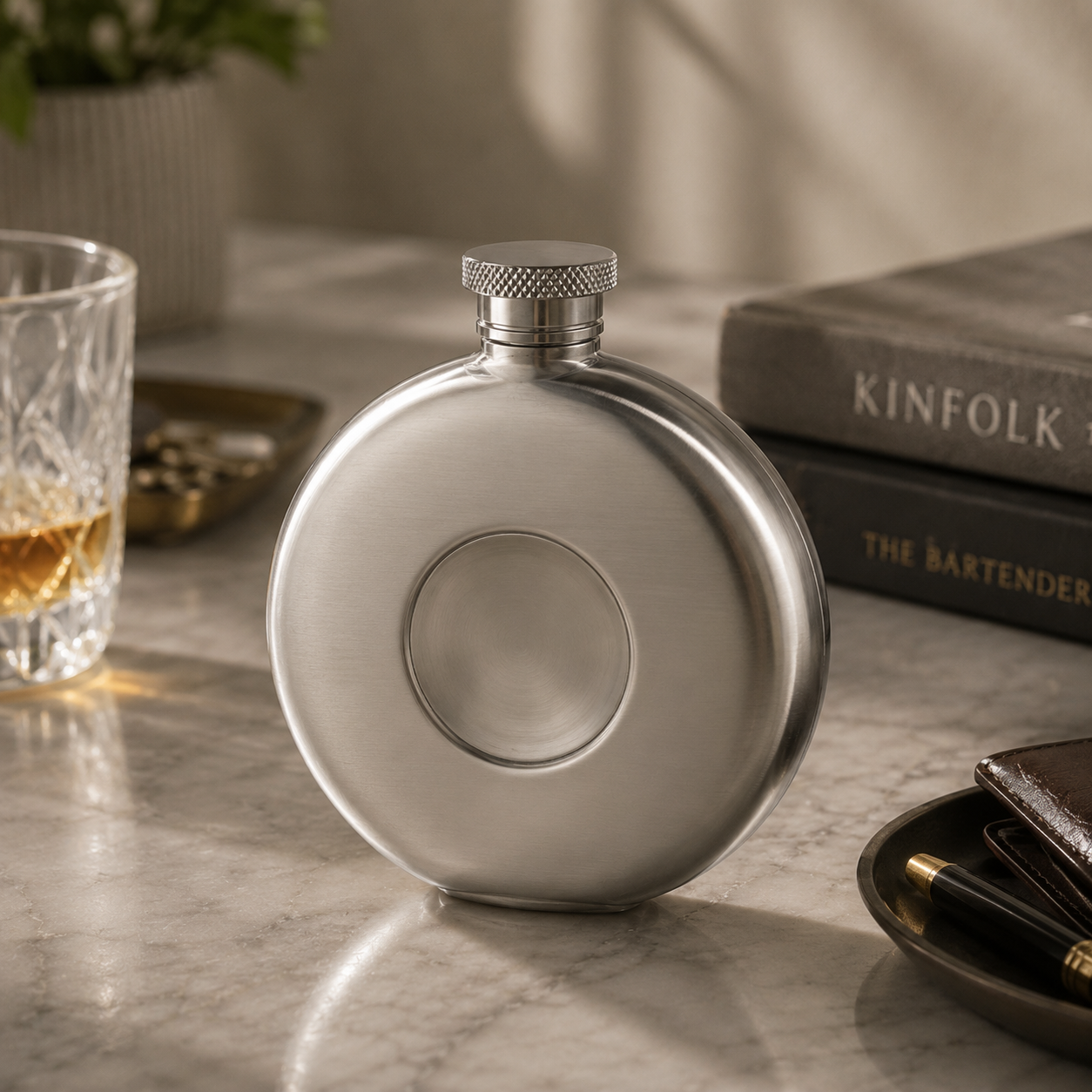 a stainless steel round flask with a pewter disc inserted into the middle on a kitchen counter top