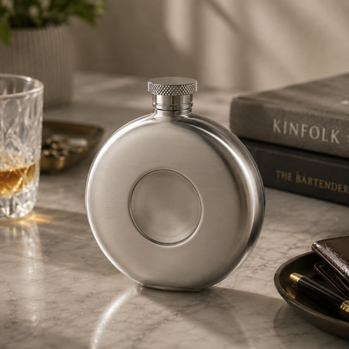 a stainless steel round flask with a pewter disc inserted into the middle on a kitchen counter top