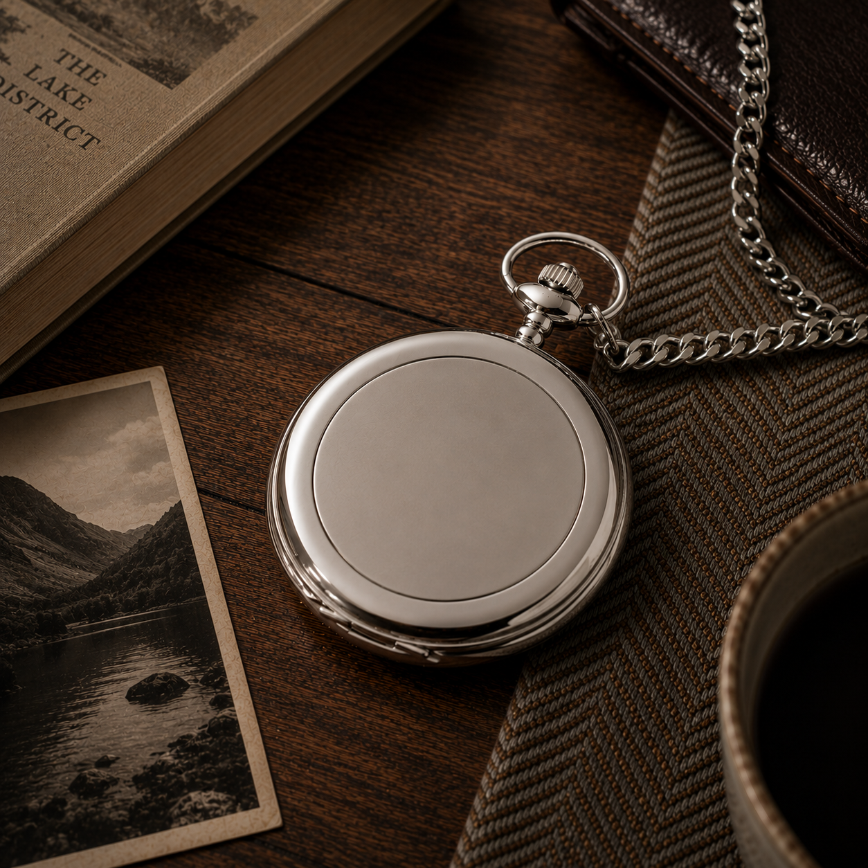 Handcrafted pewter pocket watch lifestyle image resting on a wooden desk with a large plain pewter front insert, pocket watch chain in warm ambient light