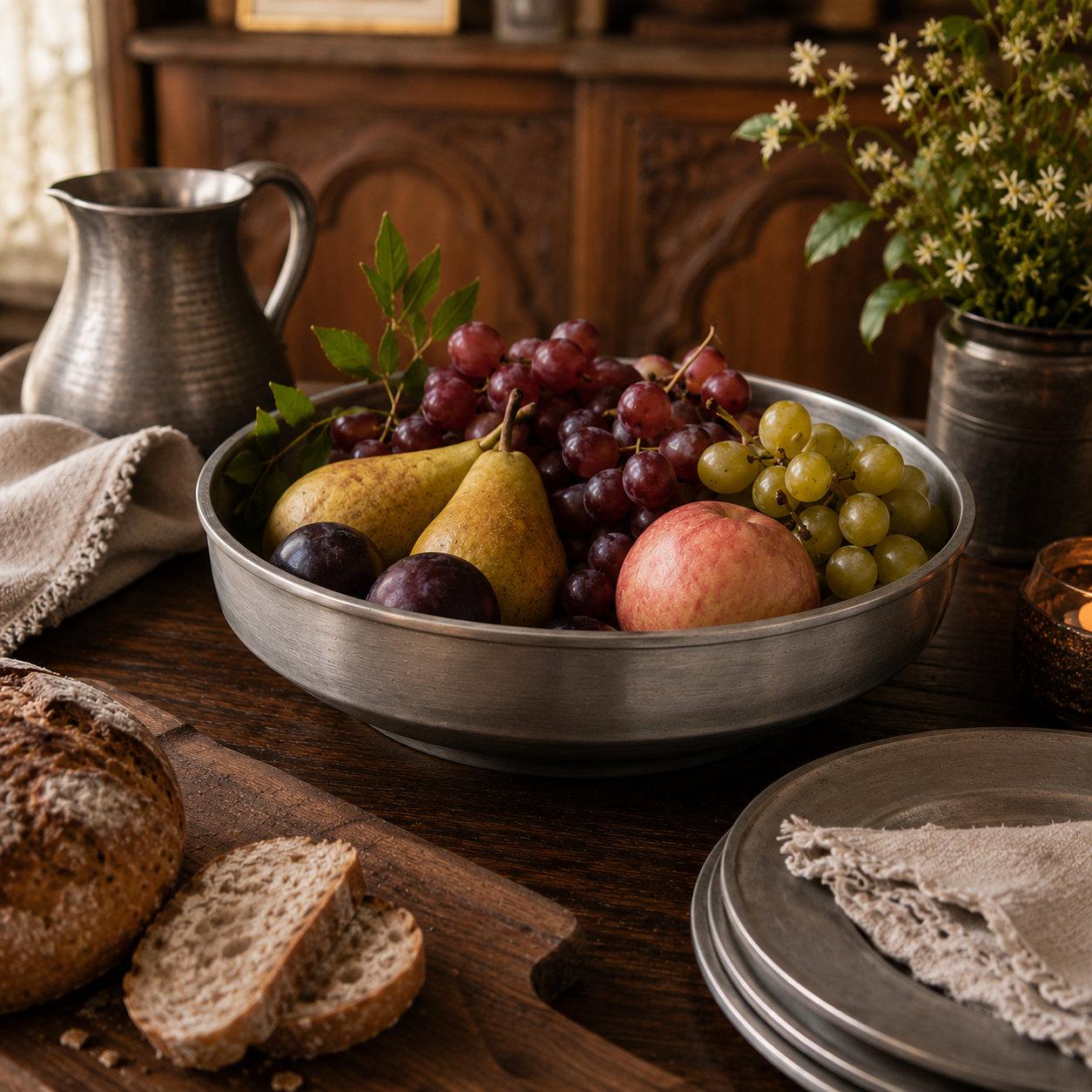 Handcrafted pewter Bavarian bowl in antique satin finish filled with fresh grapes, pears, apples and plums on a rustic farmhouse dining table with artisan bread, pewter jug and seasonal flowers