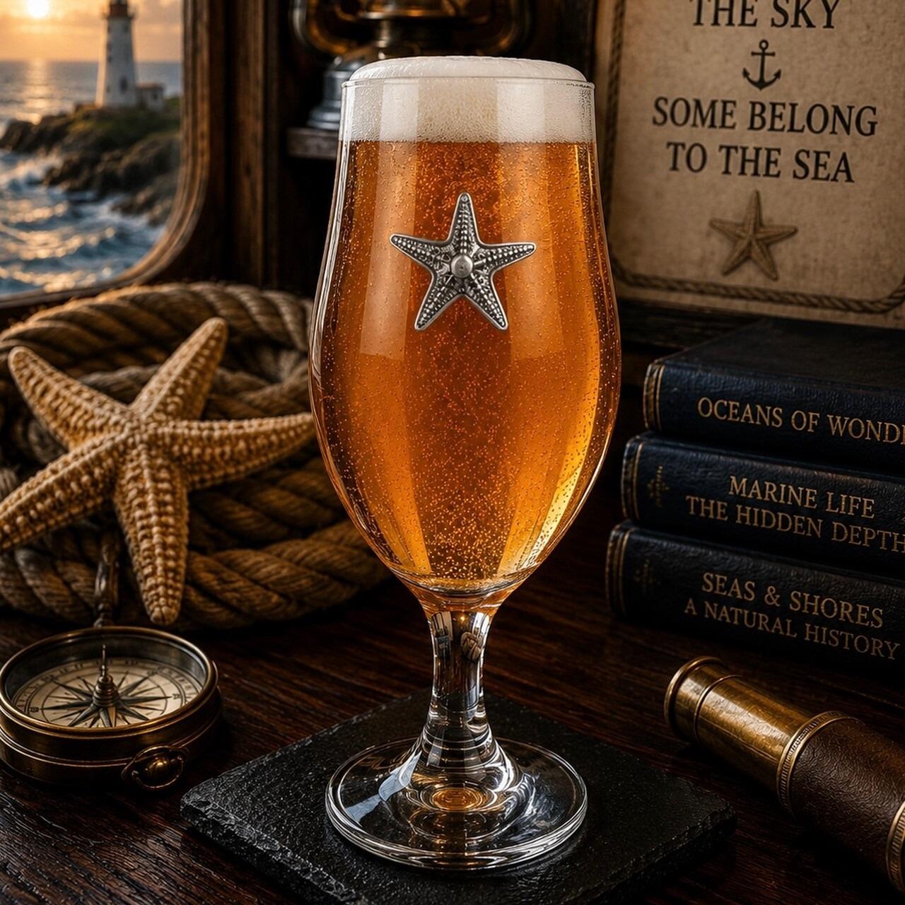 A stemmed beer chalice glass filled with golden ale and a frothy white head, featuring a raised pewter emblem of a detailed starfish