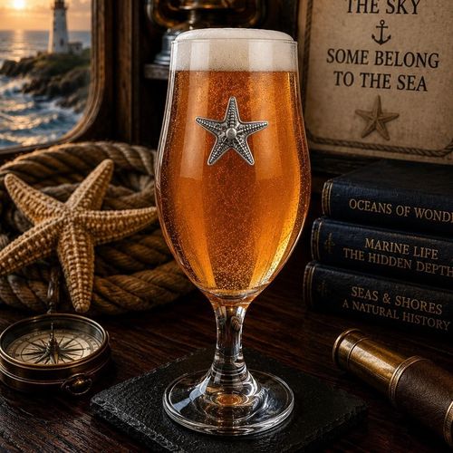 A stemmed beer chalice glass filled with golden ale and a frothy white head, featuring a raised pewter emblem of a detailed starfish