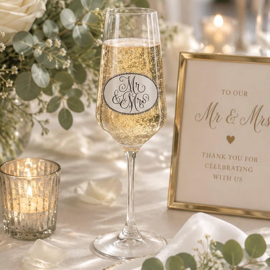 A clear champagne flute glass filled with bubbling champagne, featuring an oval pewter emblem engraved with 'Mr & Mrs' in elegant script lettering