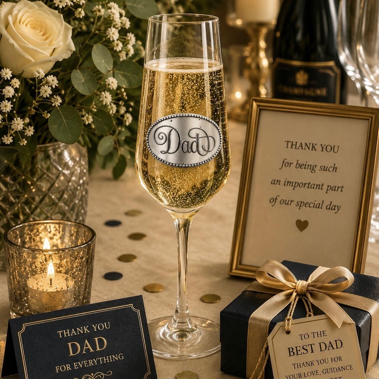 A clear champagne flute glass filled with bubbling champagne, featuring an oval pewter emblem engraved with 'Dad' in elegant script lettering