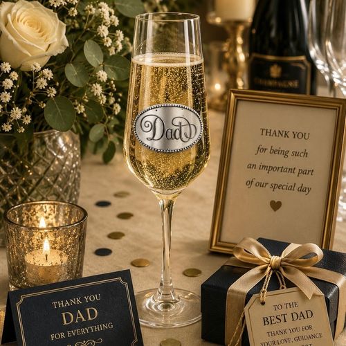 A clear champagne flute glass filled with bubbling champagne, featuring an oval pewter emblem engraved with 'Dad' in elegant script lettering