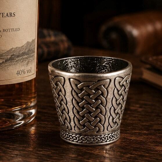 A small, flared pewter metal shot cup, or dram cup, sitting on a dark wooden table. The exterior of the cup is heavily decorated with relief-sculpted, traditional Celtic knotwork panels wrapping around the sides, accented by a smaller, tighter braided knot pattern along the base rim. The interior features a textured hammered finish