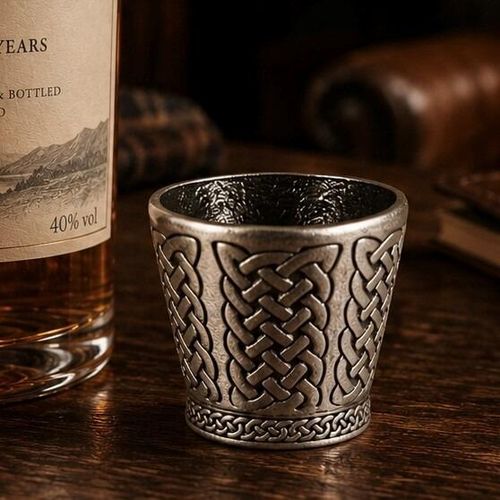 A small, flared pewter metal shot cup, or dram cup, sitting on a dark wooden table. The exterior of the cup is heavily decorated with relief-sculpted, traditional Celtic knotwork panels wrapping around the sides, accented by a smaller, tighter braided knot pattern along the base rim. The interior features a textured hammered finish