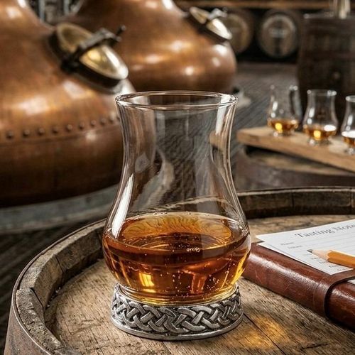 A tulip-shaped glass whisky taster glass, containing a small pour of amber whisky and sitting on a rustic wooden table. The circular base of the glass is securely set into a decorative pewter metal stand featuring a raised, interlocking Celtic knotwork pattern