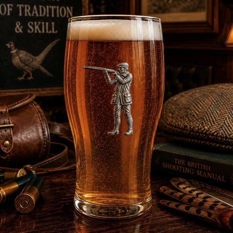 Pint glass with handmade pewter shooting scene with detailed shotgun and clay pigeon targets badge filled with golden beer