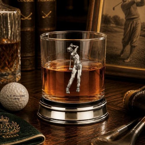 Whisky tumbler with pewter golfer emblem and polished base, partially filled with amber liquid