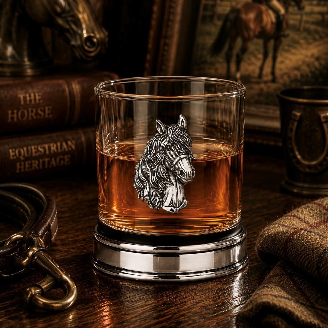 Whisky tumbler with pewter horse emblem and polished base, partially filled with amber liquid
