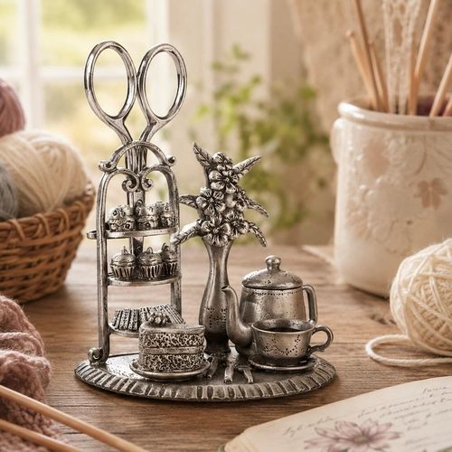 Vintage-style pewter afternoon tea sewing station featuring a miniature cake stand holding scissors, a teapot, a teacup, and a flower vase on a detailed metal base