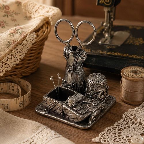 Vintage-style pewter dressmaker mannequin sewing station featuring a dress form scissor holder, a built-in thimble stand, and a small quilted-pattern storage well holding straight pins
