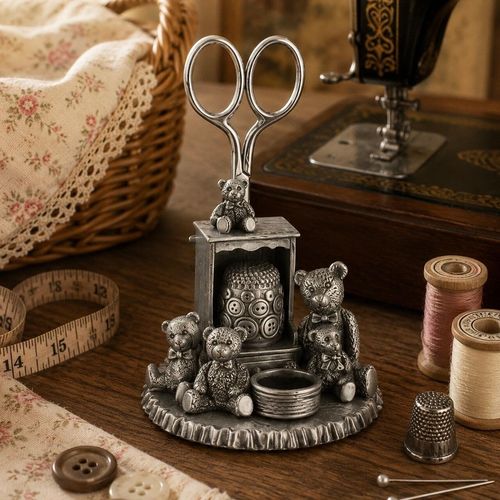 Vintage-style pewter teddy bears sewing station featuring detailed teddy bear figurines, a wardrobe-shaped scissor holder, an integrated thimble stand, and a small round storage well