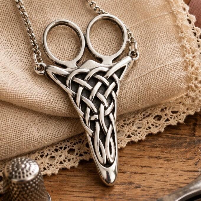 Vintage-style pewter Celtic scissor chatelaine sheath featuring intricate knotwork on a silver-toned metal chain