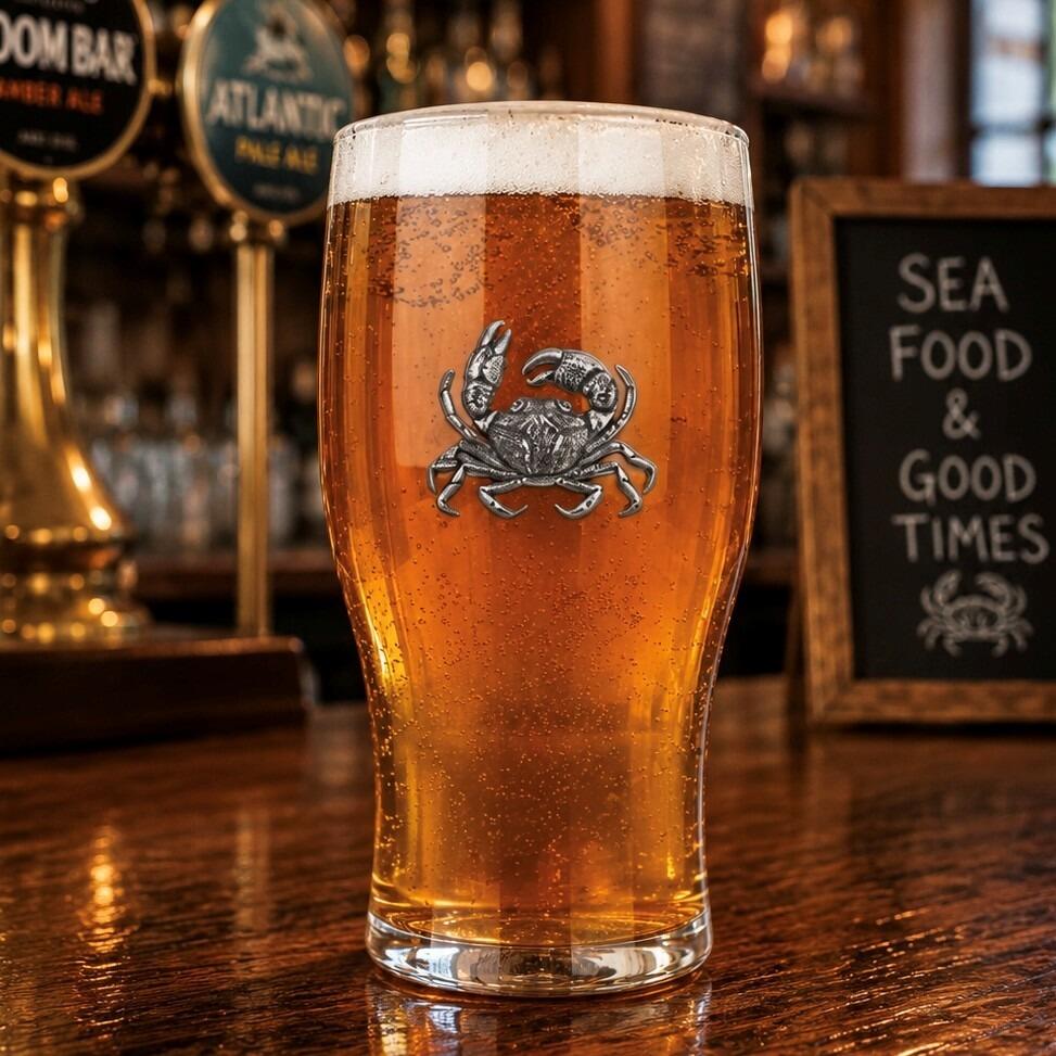 Pint glass with handmade pewter crab badge featuring detailed shell and claws filled with golden beer