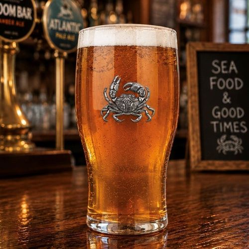 Pint glass with handmade pewter crab badge featuring detailed shell and claws filled with golden beer