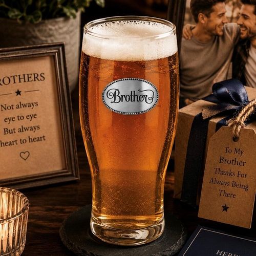 Pint glass with handmade pewter brother badge featuring elegant script lettering filled with golden beer