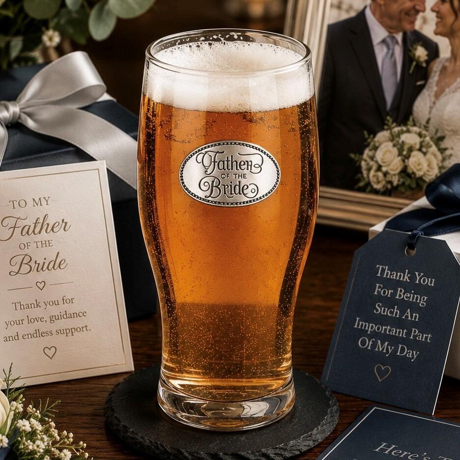 Pint glass with handmade pewter father of the bride in distinguished formal attire badge filled with golden beer