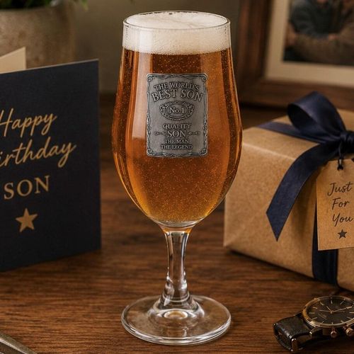 One-pint glass beer goblet filled with lager, featuring a detailed pewter plaque that reads 'The World's Best Son, No.1 Quality Son, The Man The Legend