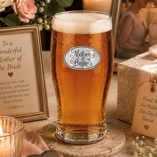 Pint glass with handmade pewter mother of the bride in elegant formal attire badge filled with golden beer